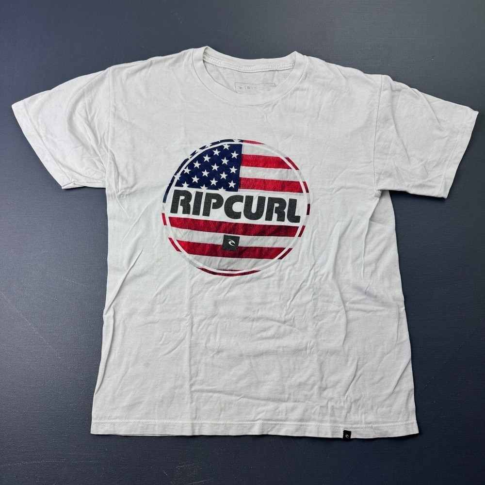 Rip Curl Boys Size Large White USA Flag Graphic T-Shirt Short Sleeve Surf Skate